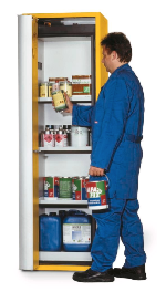 Bezpečnostní skříň s požární odolností 90min, skládací dveře (levé dveře)_3x police, 1x spodní záchytná vana, ocelový poplastovaný plech